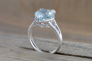 14k White Gold Pear Aquamarine with Diamond Split Shank Ring Engagement Wedding Ring Promise