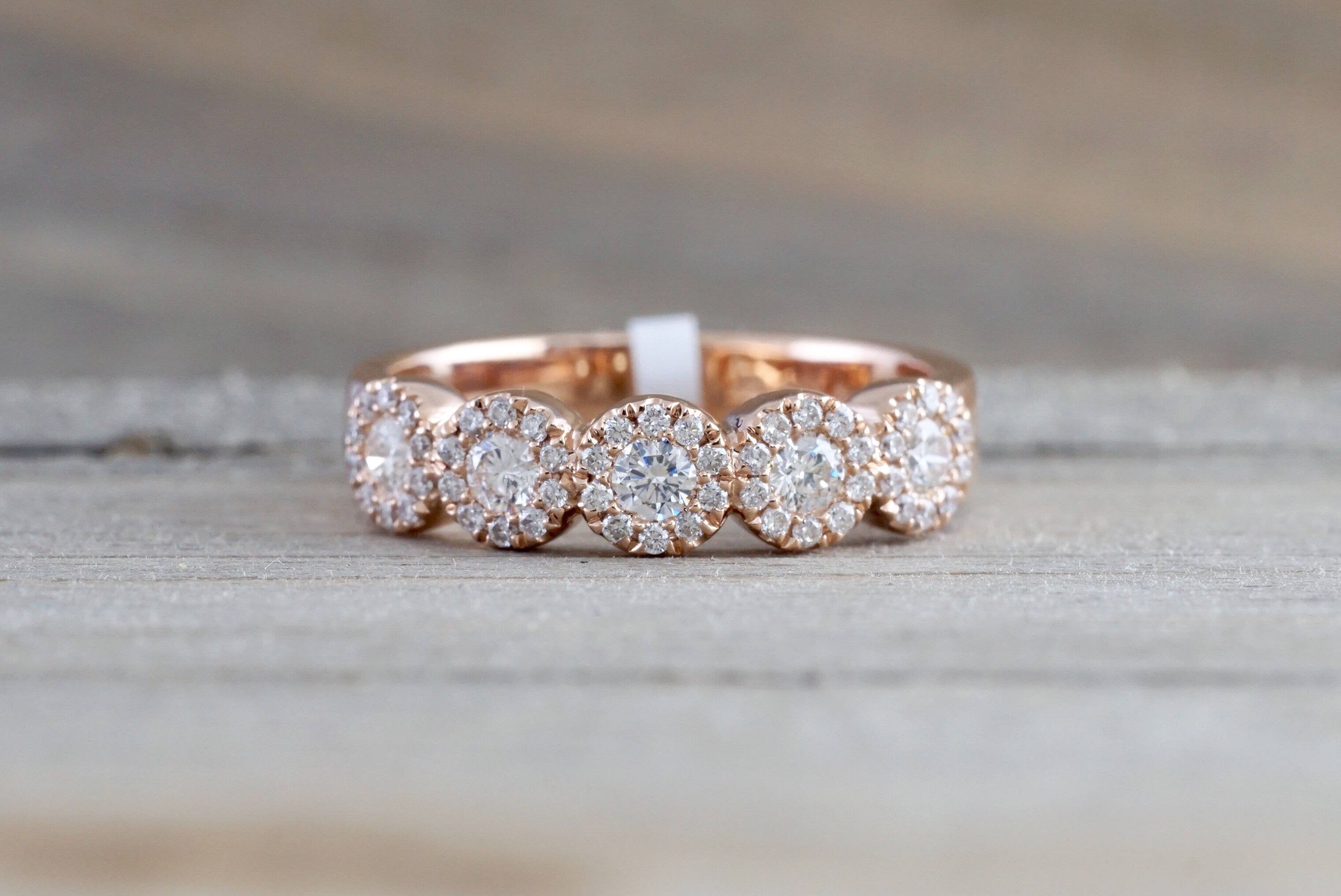 14k Rose Gold 5 diamond Anniversary Five Halo Band Ring Wedding Engagement - Brilliant Facets