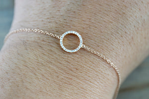 14k Solid Rose Open Circle Round Micro Pave Diamond Infinite Charm Bracelet - Brilliant Facets