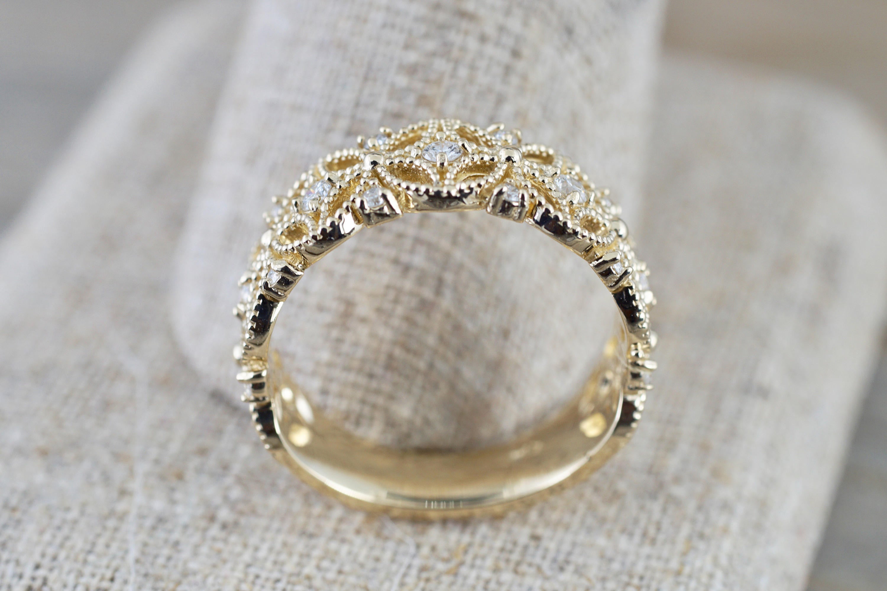 14k Yellow Gold Diamond Milgrain Etched Floral Vintage Anniversary Wedding Wide Right Hand Band Ring