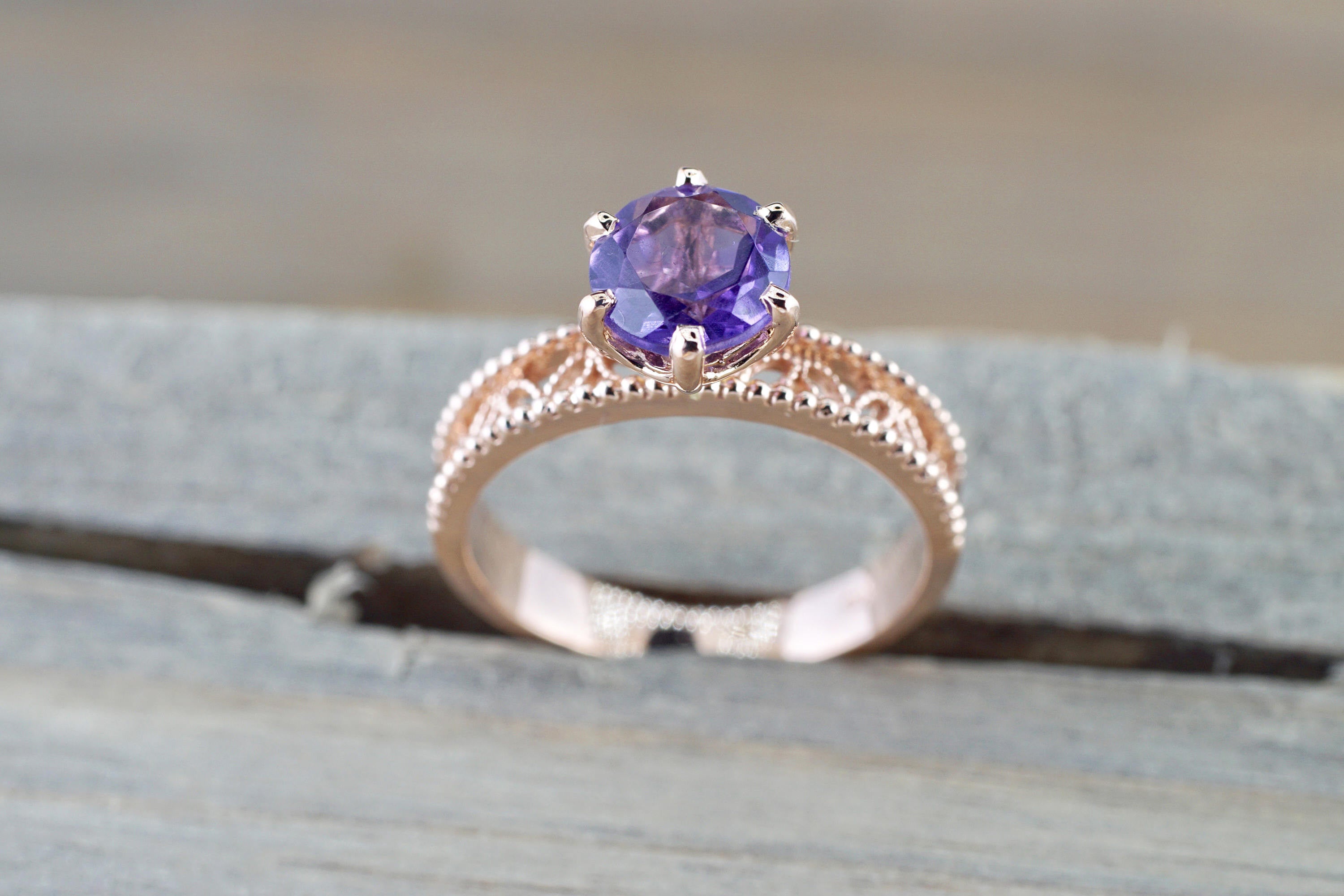 14k Rose Gold Round Purple Amethyst Ring Vintage Floral Milgrain Vines Ring - Brilliant Facets