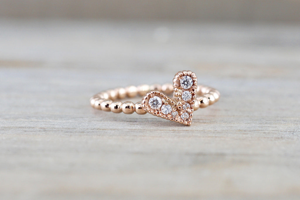 14k Rose Gold Diamond Heart Ring Bead Design Ring - Brilliant Facets