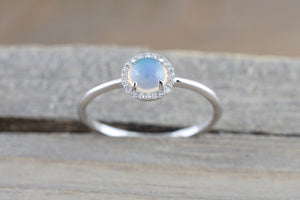 14k White Gold Round Opal Diamond Halo Ring