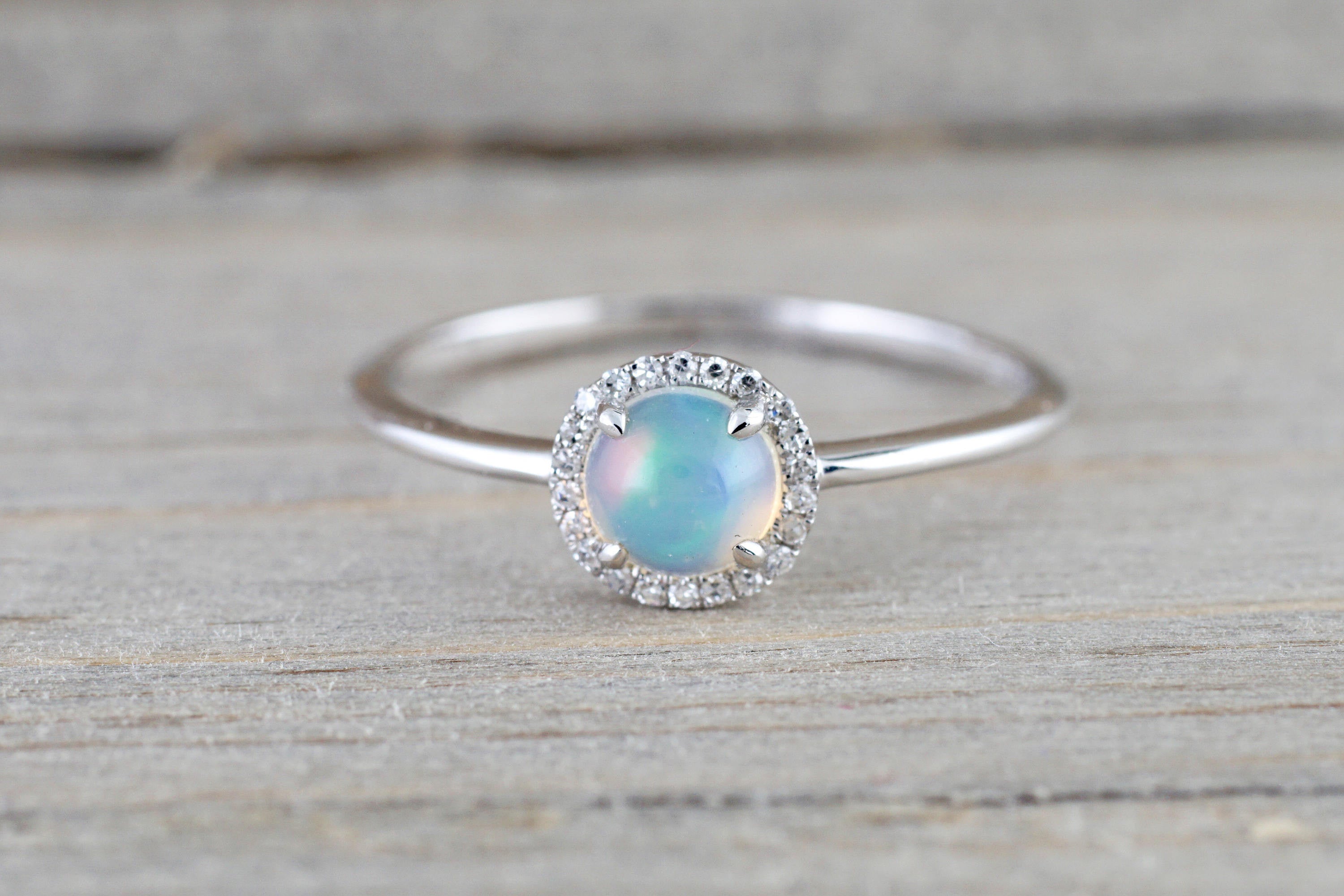 14k White Gold Round Opal Diamond Halo Ring