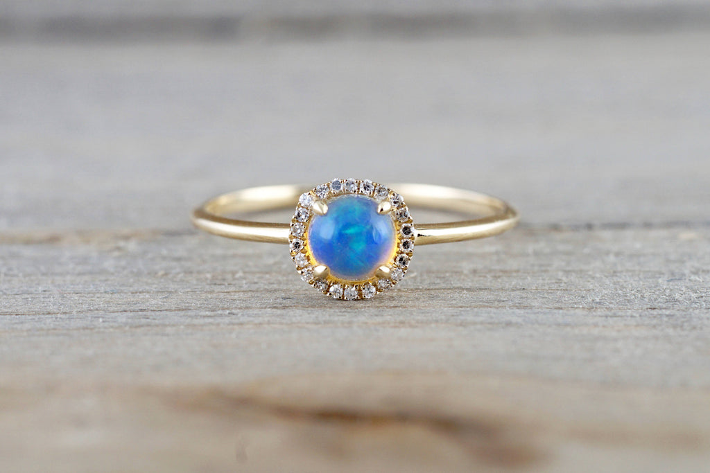 14k Yellow Gold Round Opal Diamond Halo Engagement Promise Ring Anniversary Promise Wedding Love Design