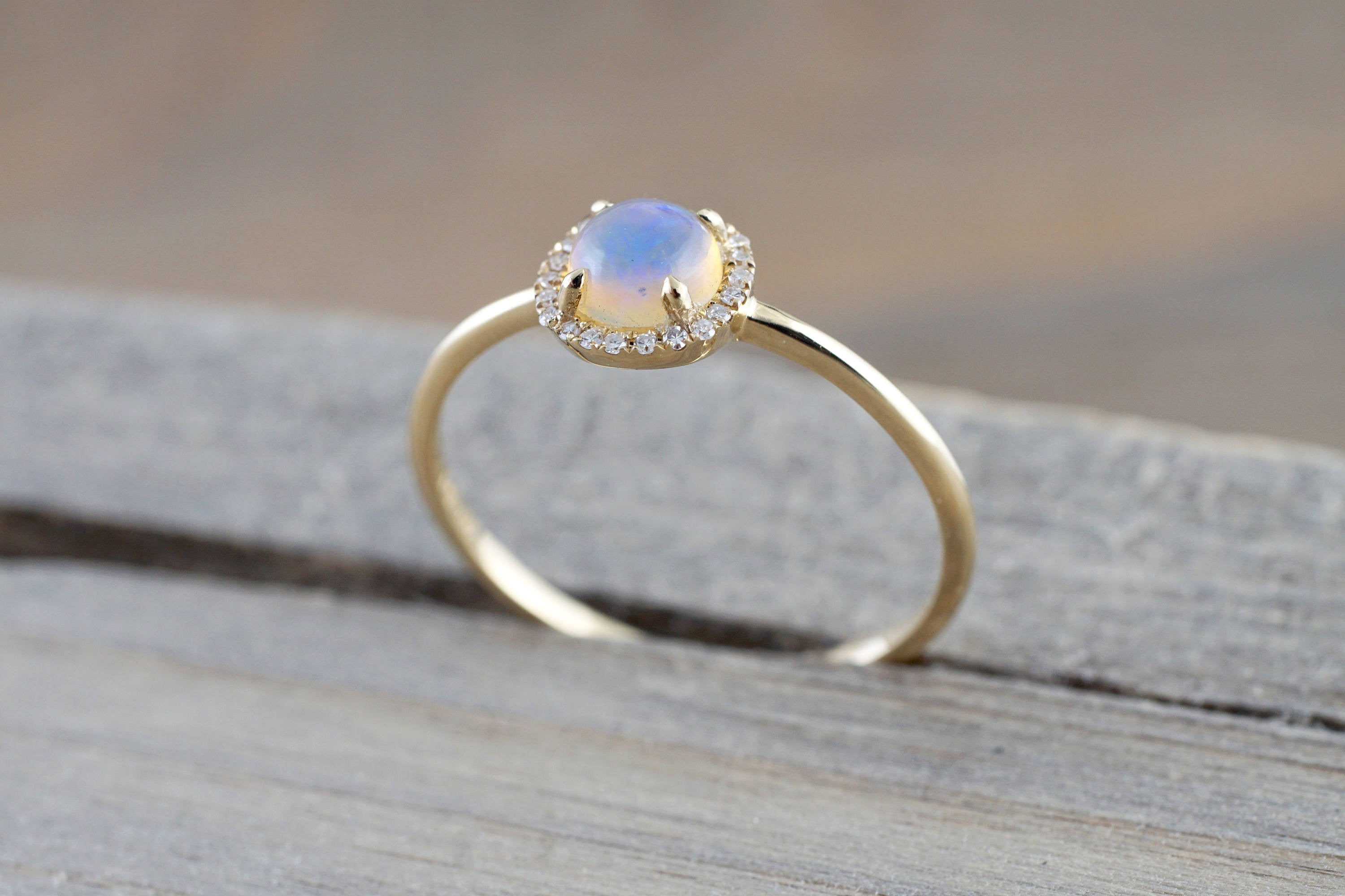 14k Yellow Gold Round Opal Diamond Halo Engagement Promise Ring Anniversary Promise Wedding Love Design