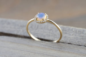 14k Yellow Gold Round Opal Diamond Halo Engagement Promise Ring Anniversary Promise Wedding Love Design