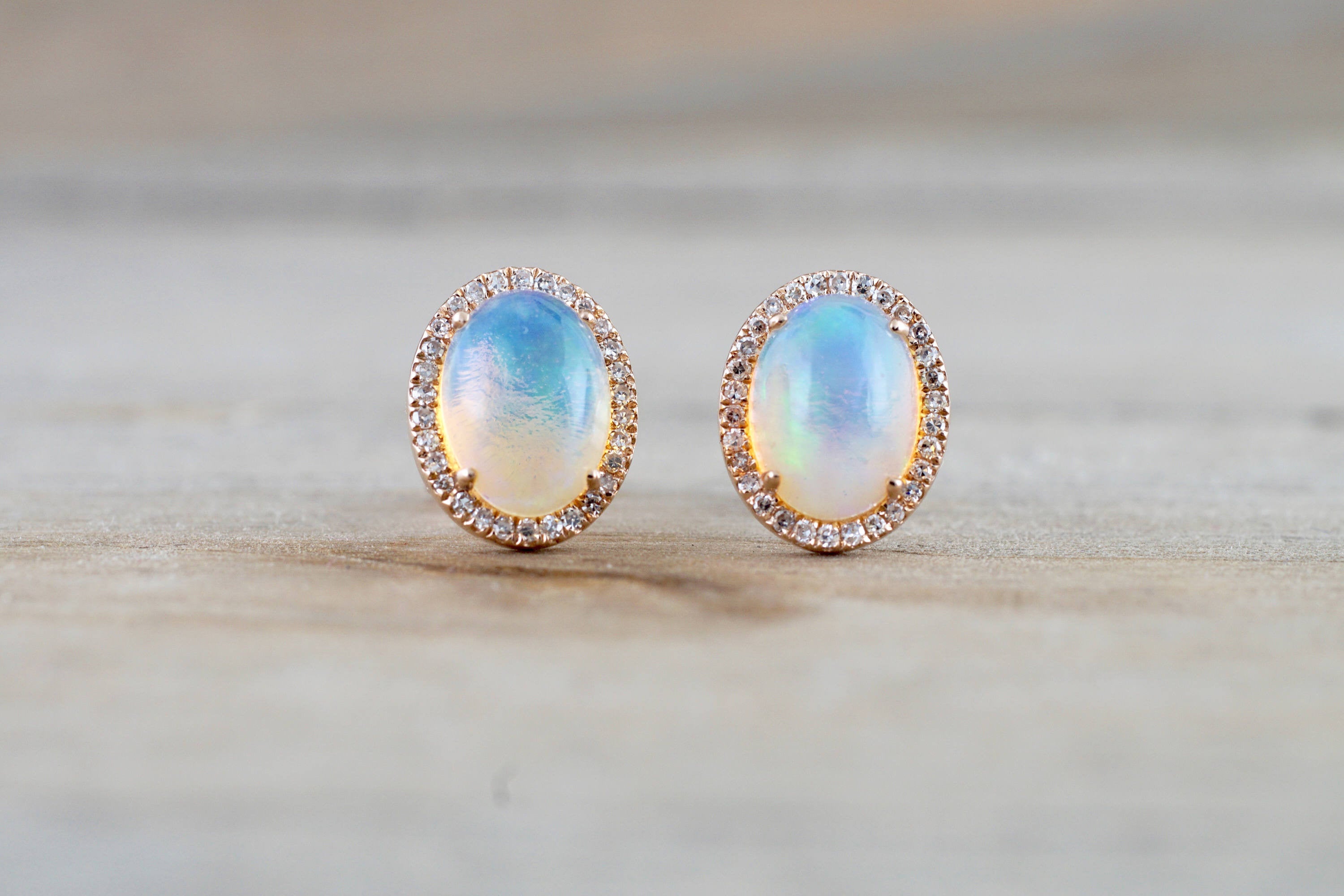14k Rose Gold Oval Diamond Halo Opal Earring Studs Earrings - Brilliant Facets