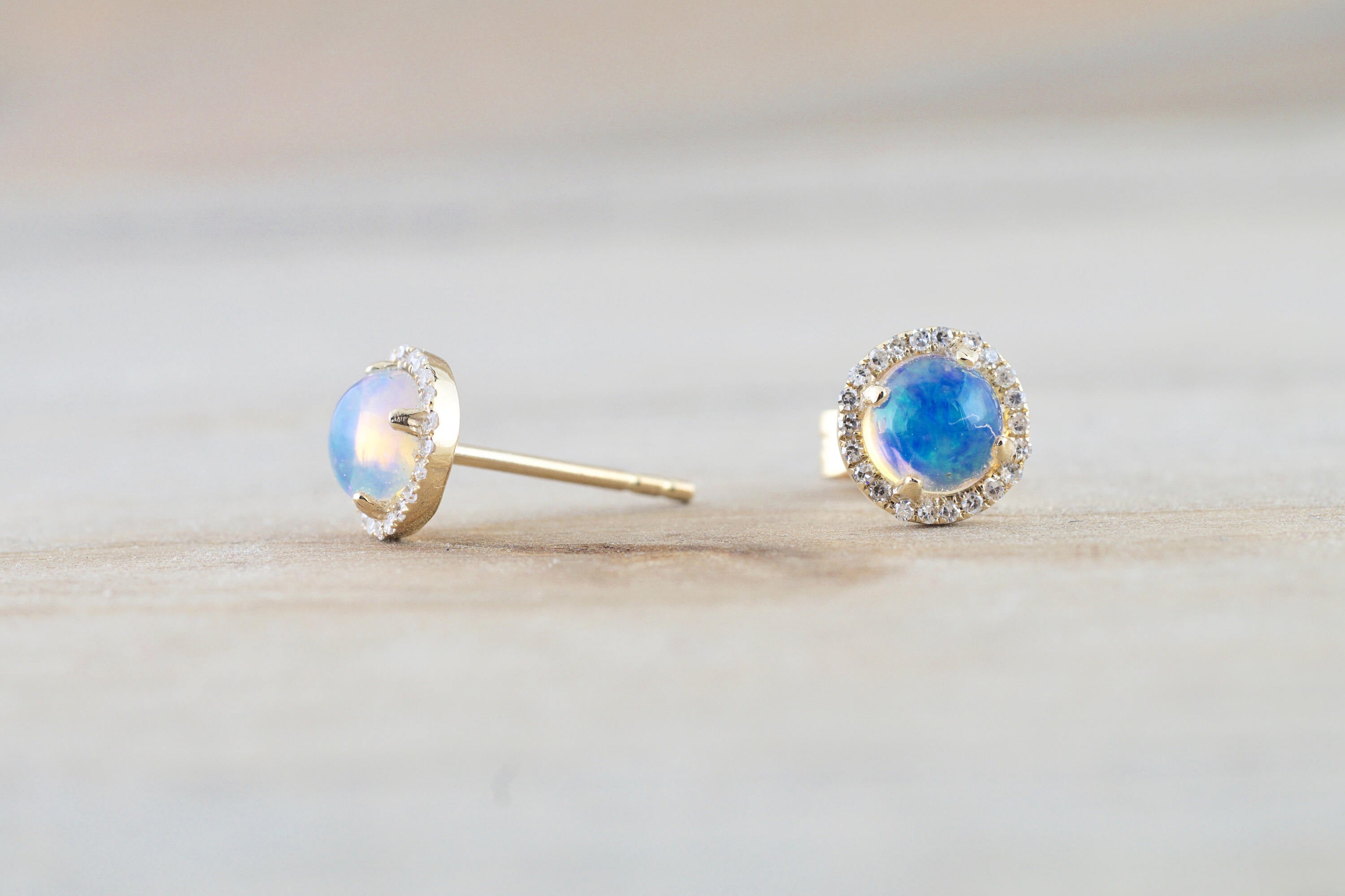 14k Yellow Gold Round Opal Diamond Halo Earrings Studs