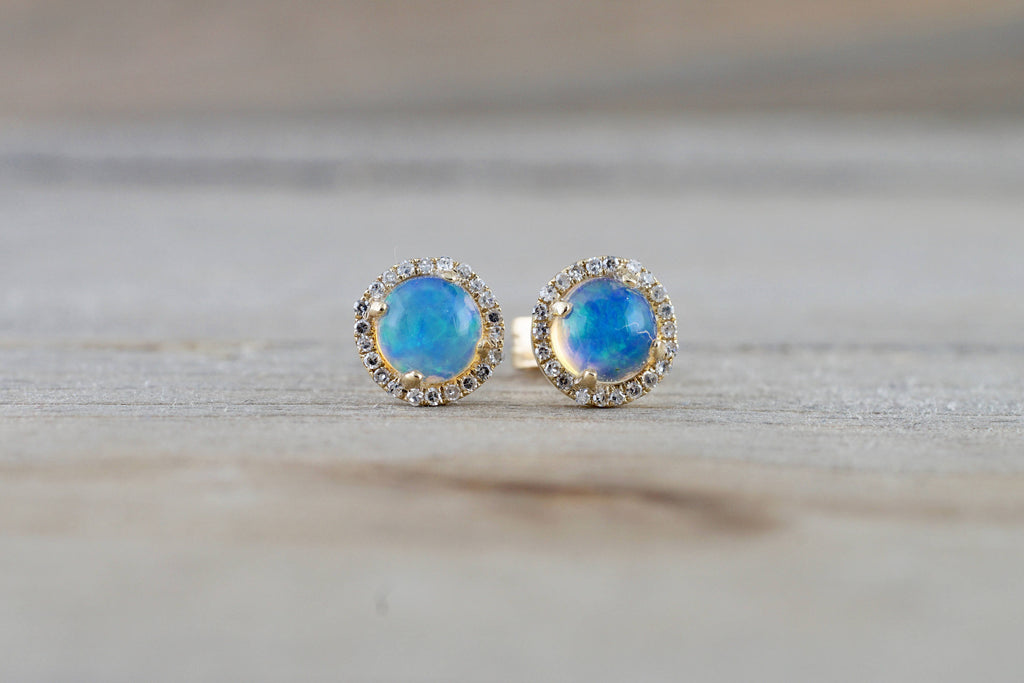 14k Yellow Gold Round Opal Diamond Halo Earrings Studs