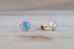 14k Yellow Gold Round Opal Diamond Halo Earrings Studs