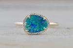 Island 14k Yellow Gold Diamond Halo Opal Art Deco Fashion Ring Band