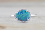 Island 14k White Gold Round Opal Diamond Halo Art Deco Ring