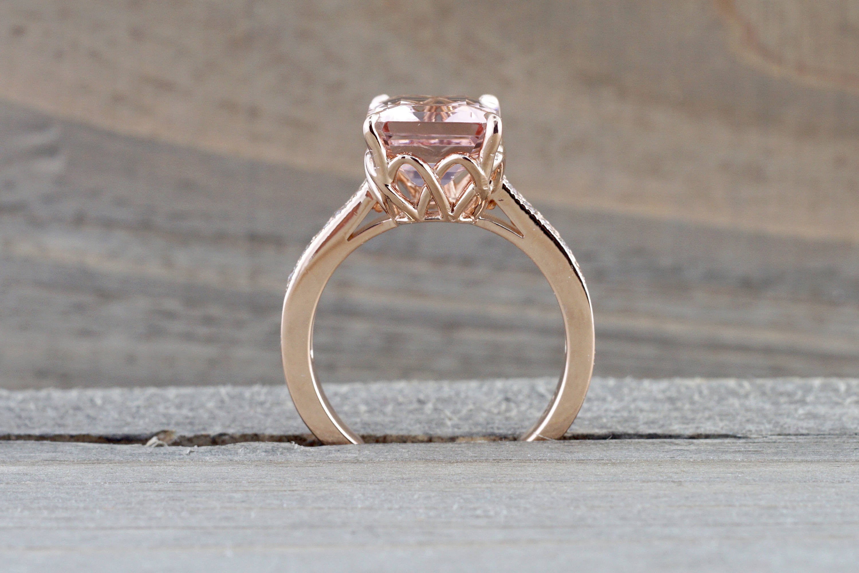 14k Rose Gold Elongated Emerald Cut Pink Morganite Diamond Engagement - Brilliant Facets