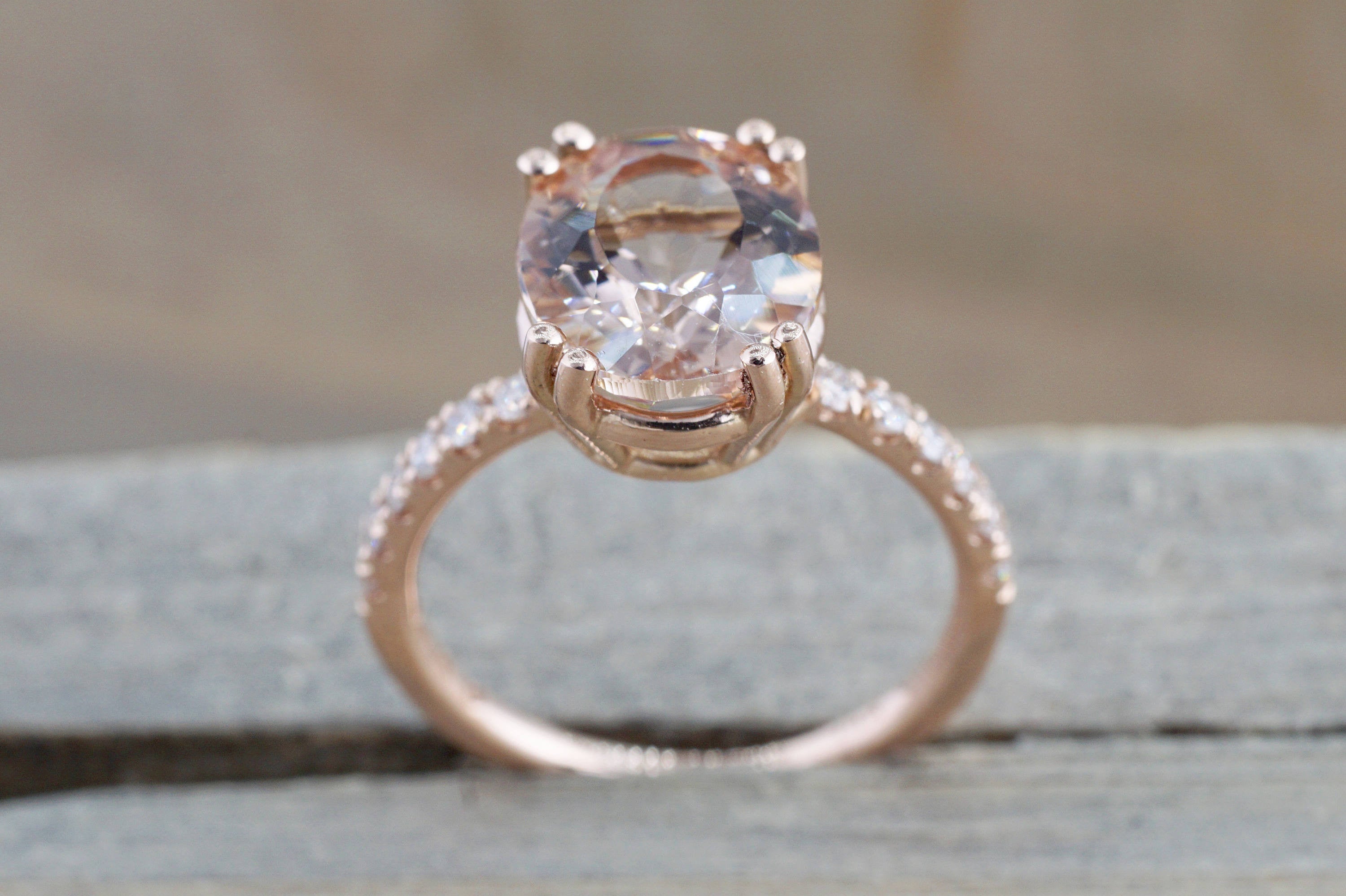 14k Rose Gold Elongated Oval Cut Pink Morganite Diamond Engagement Ring - Brilliant Facets