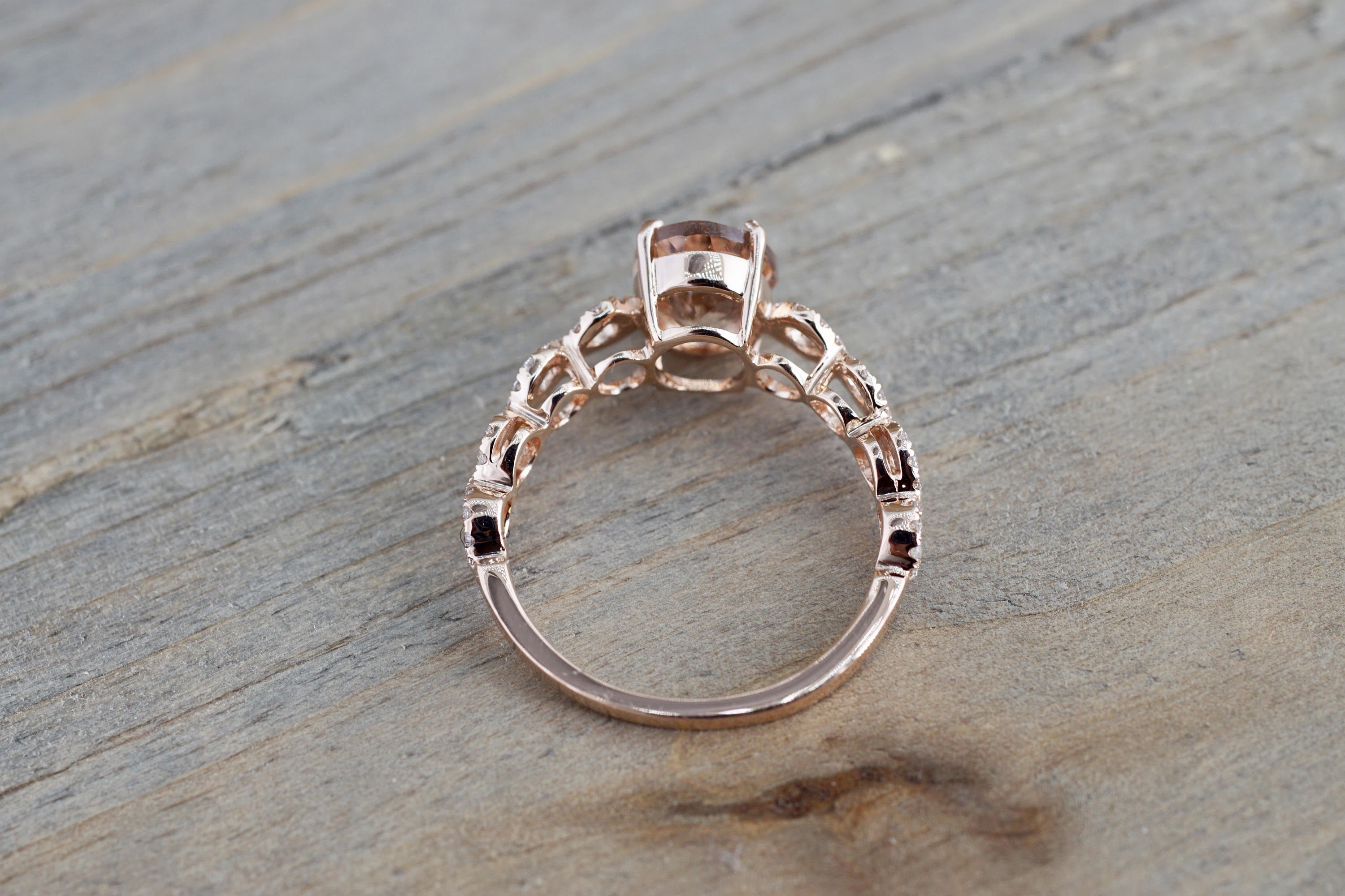 14k Rose Gold Elongated Oval Cut Morganite Diamond Infinity Twist Engagement Ring