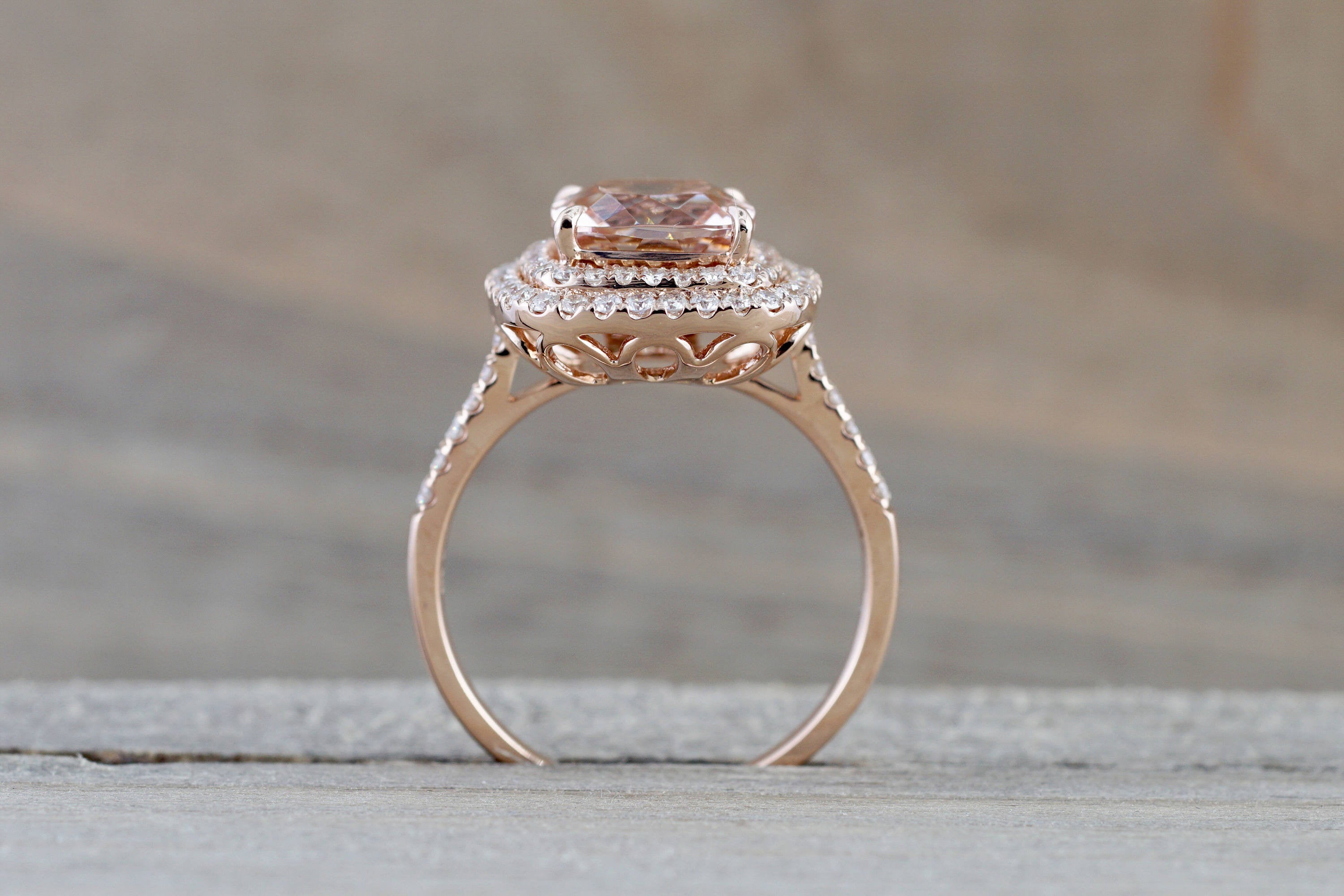 14k Rose Gold Cushion Pink Morganite Diamond Double Halo Engagement Ring - Brilliant Facets