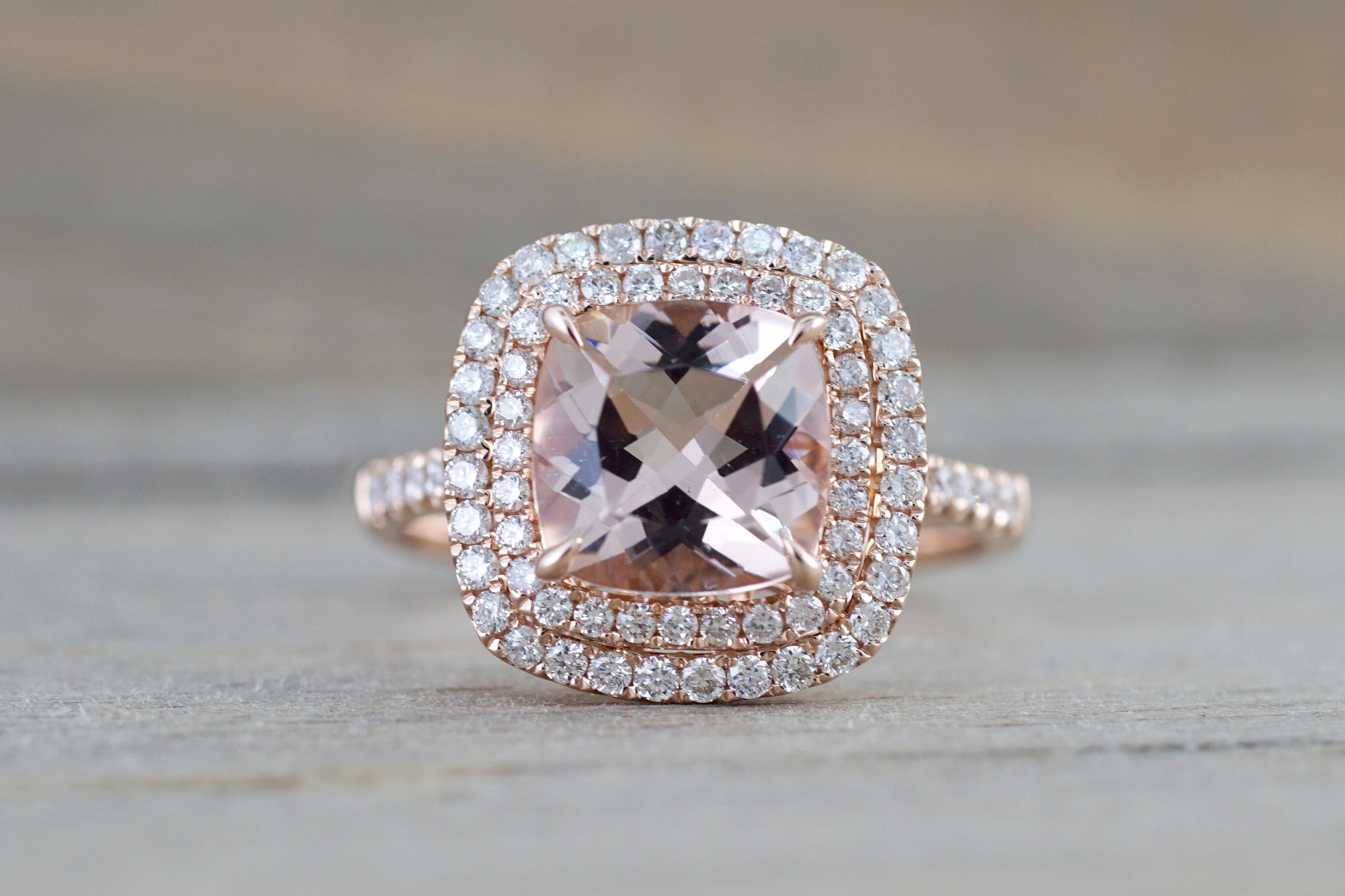 Cushion Morganite Engagement Ring In 14k Rose Gold With Diamond Halo