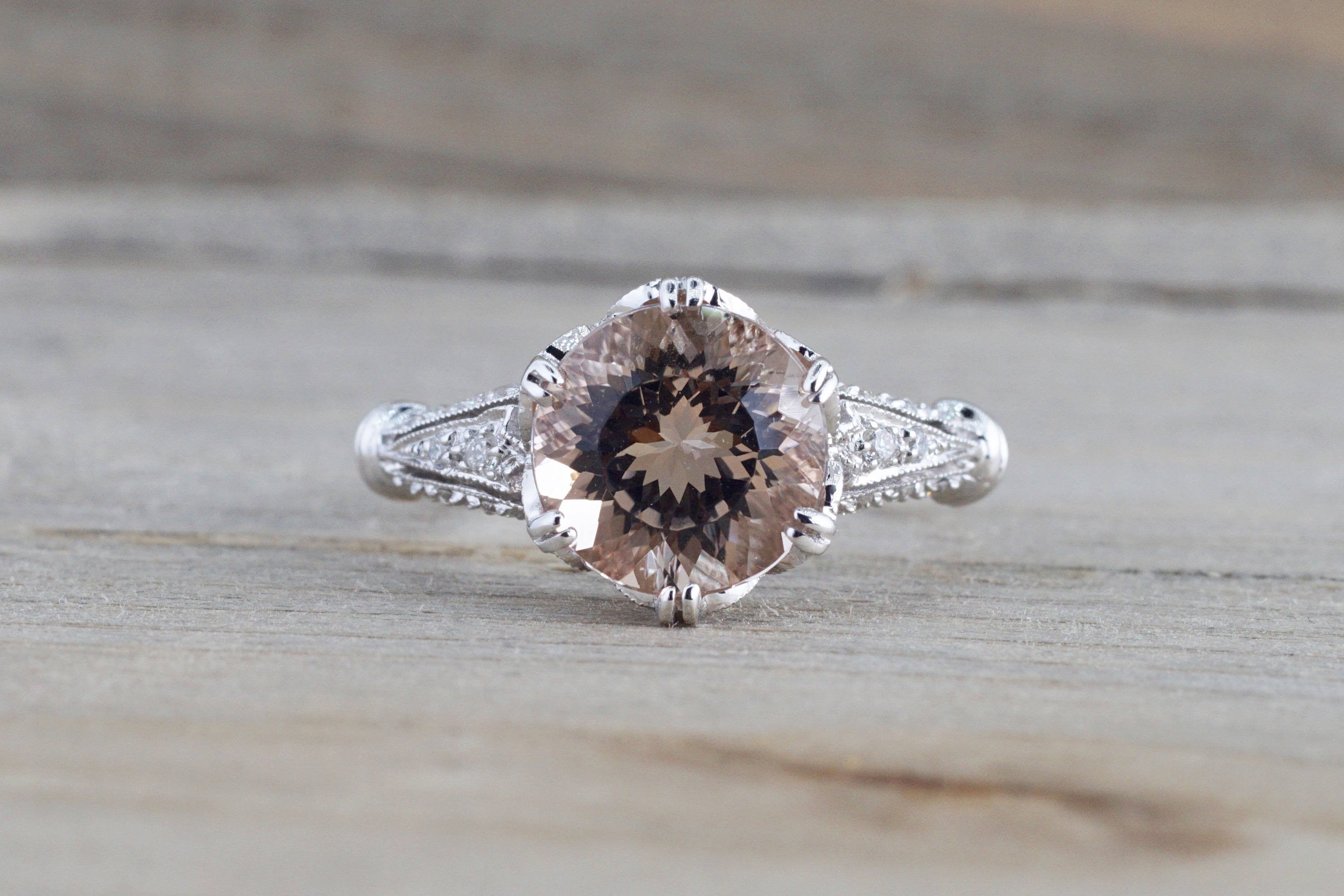 18k White Gold Vintage Art Deco Round Peach Pink Morganite Diamond Engagement Anniversary Ring Crown