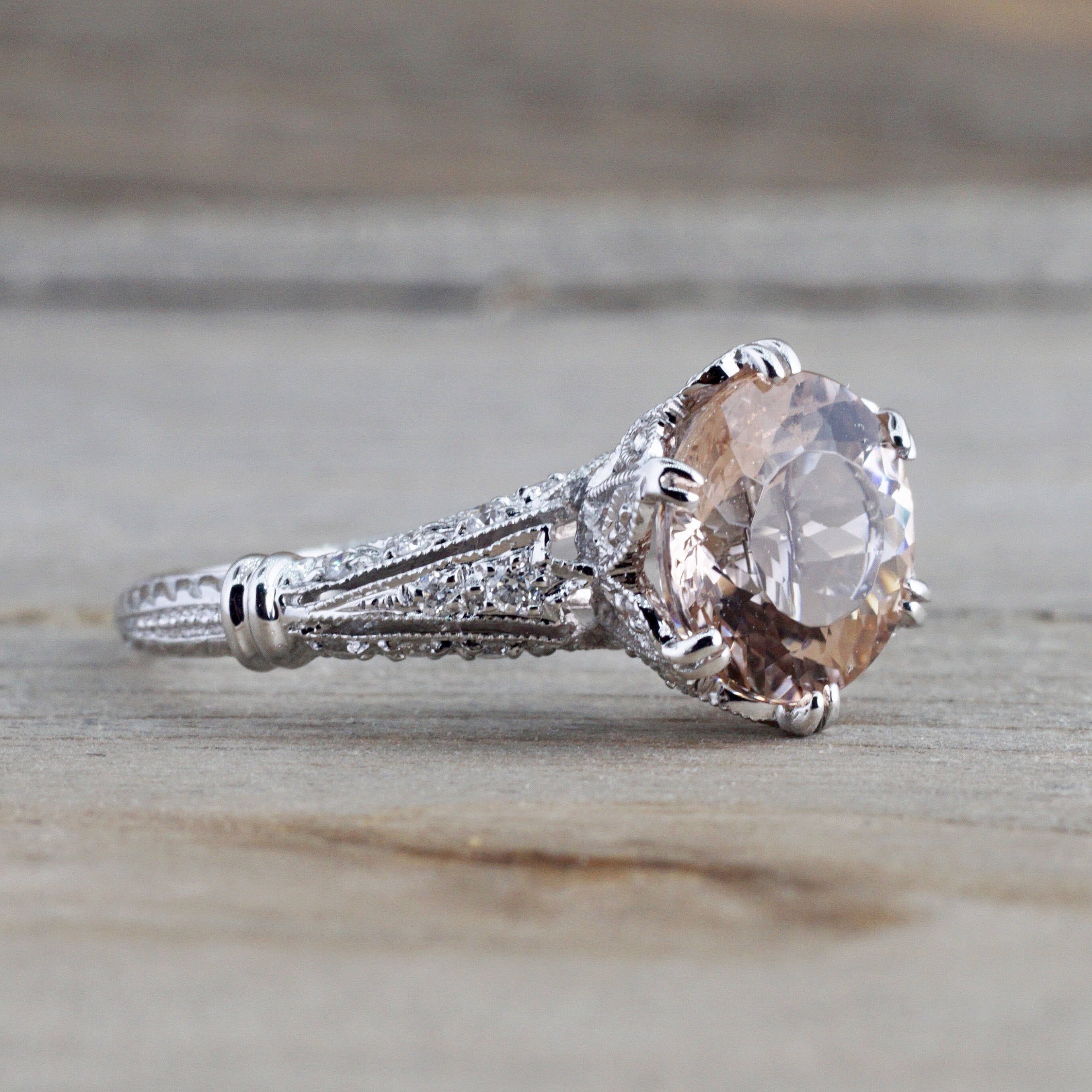 18k White Gold Vintage Art Deco Round Peach Pink Morganite Diamond Engagement Anniversary Ring Crown