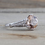 18k White Gold Vintage Art Deco Round Peach Pink Morganite Diamond Engagement Anniversary Ring Crown