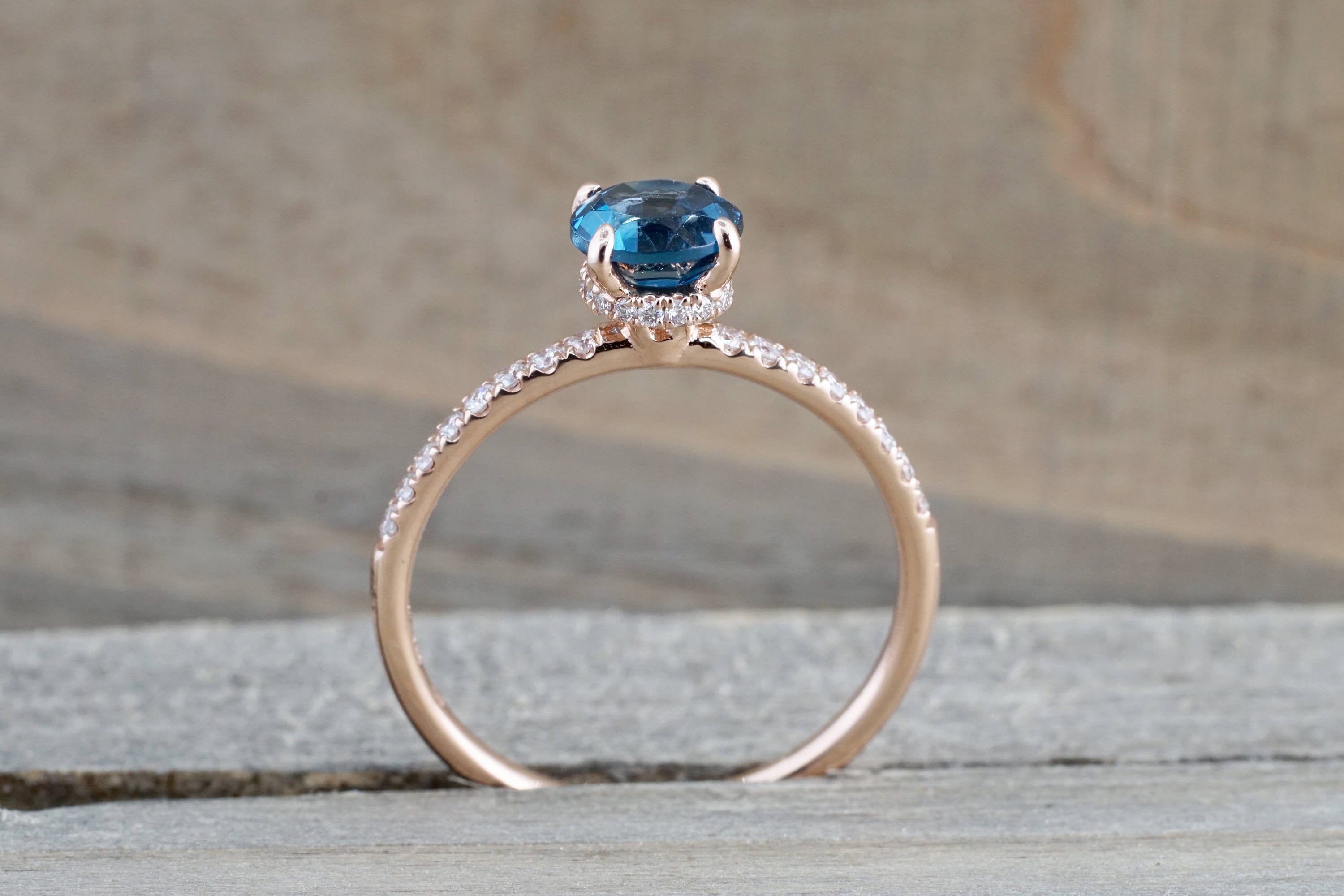 14k Rose Gold Dainty Round London Blue Topaz Under Halo Ring - Brilliant Facets