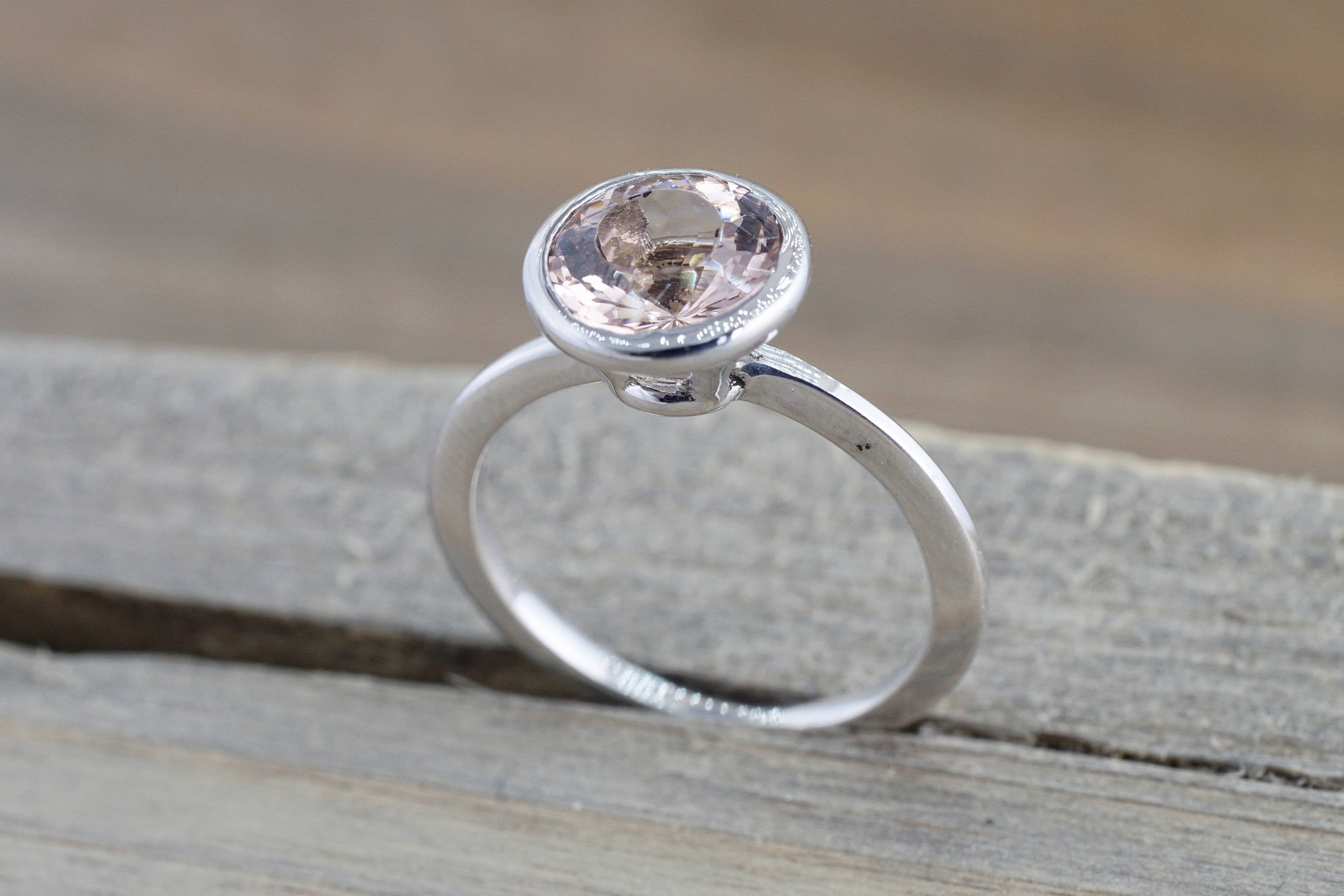 8mm 14k White Gold Round Pink Peach Morganite Bezel Solitaire Engagement Ring Anniversary