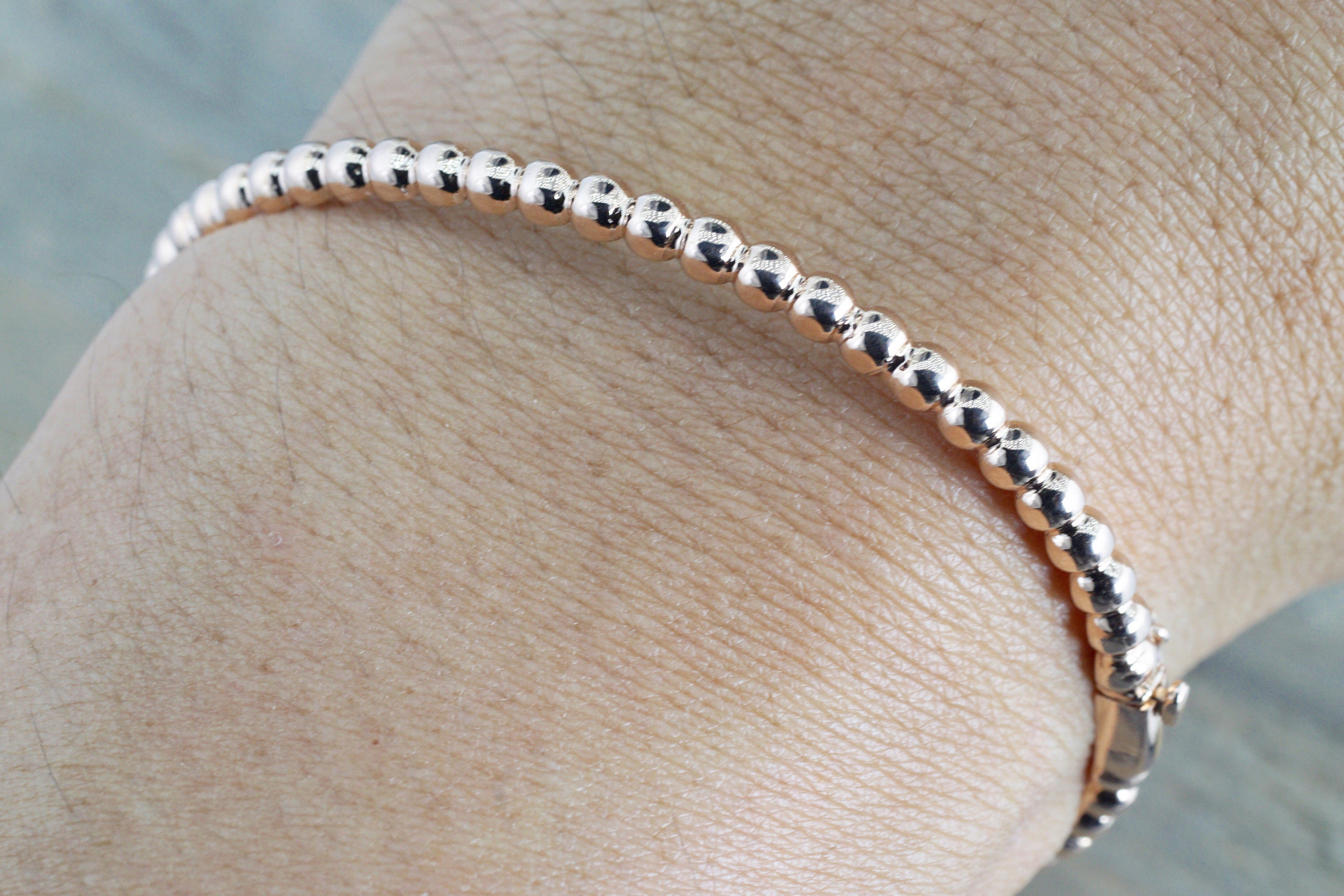 14k Solid Rose Gold Thick Bead Dot Charm Bracelet Dainty Love Oval Fashion Bangle 3.2mm Open - Brilliant Facets