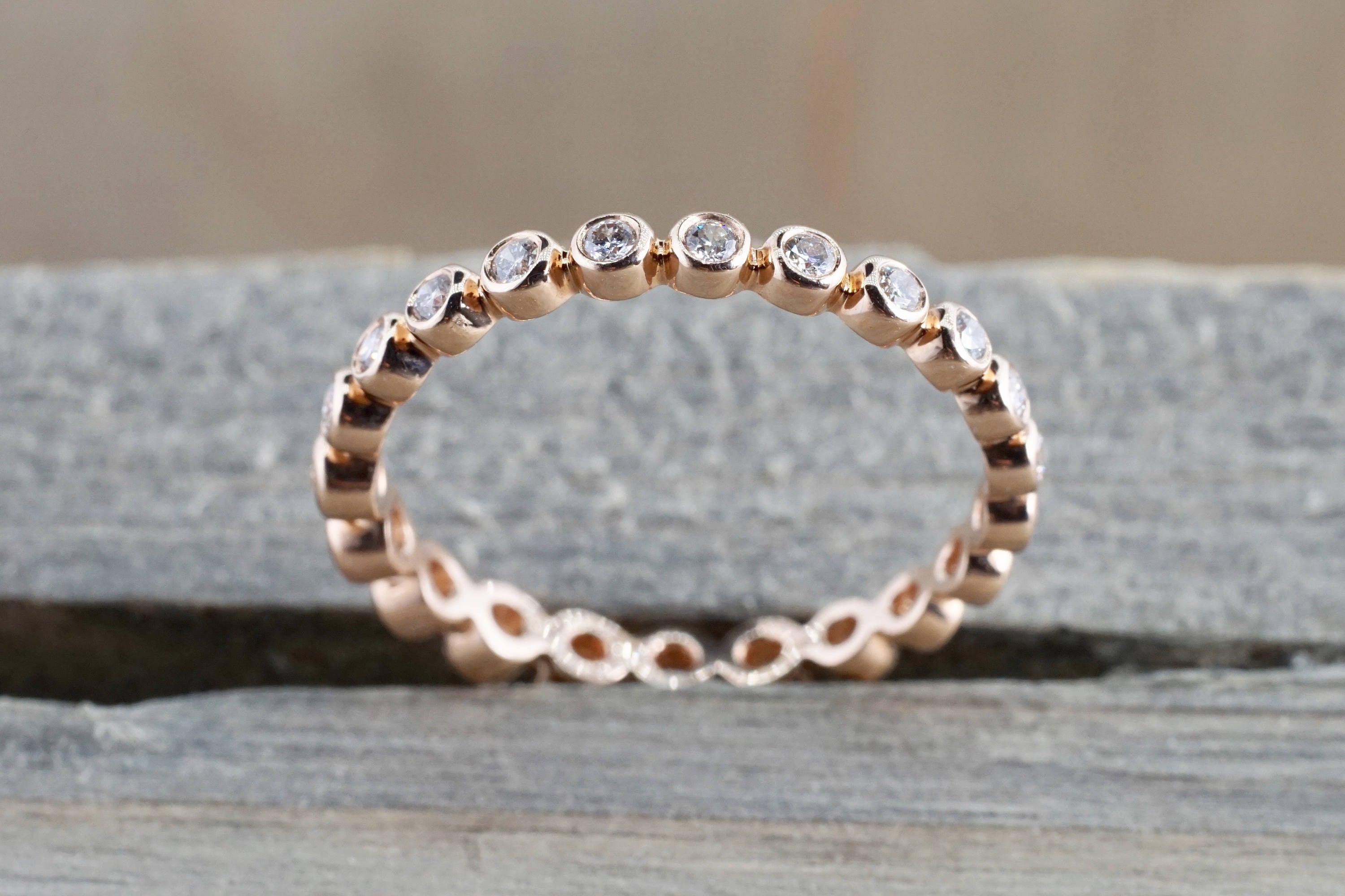 14k Rose Gold Round Cut Diamond Bezel Full Eternity Stackable Stacking Promise Ring Anniversary Bead - Brilliant Facets
