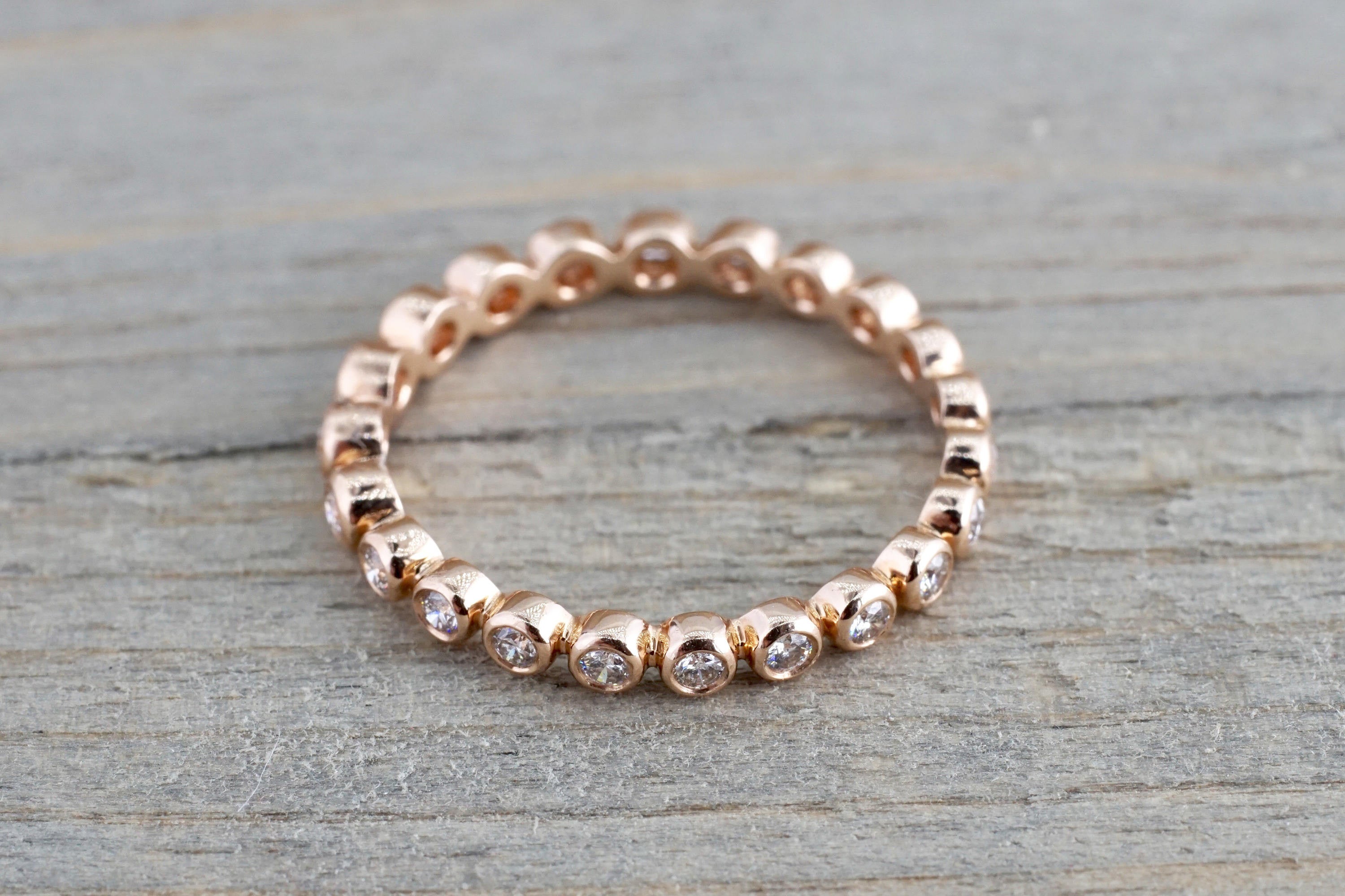 14k Rose Gold Round Cut Diamond Bezel Full Eternity Stackable Stacking Promise Ring Anniversary Bead - Brilliant Facets