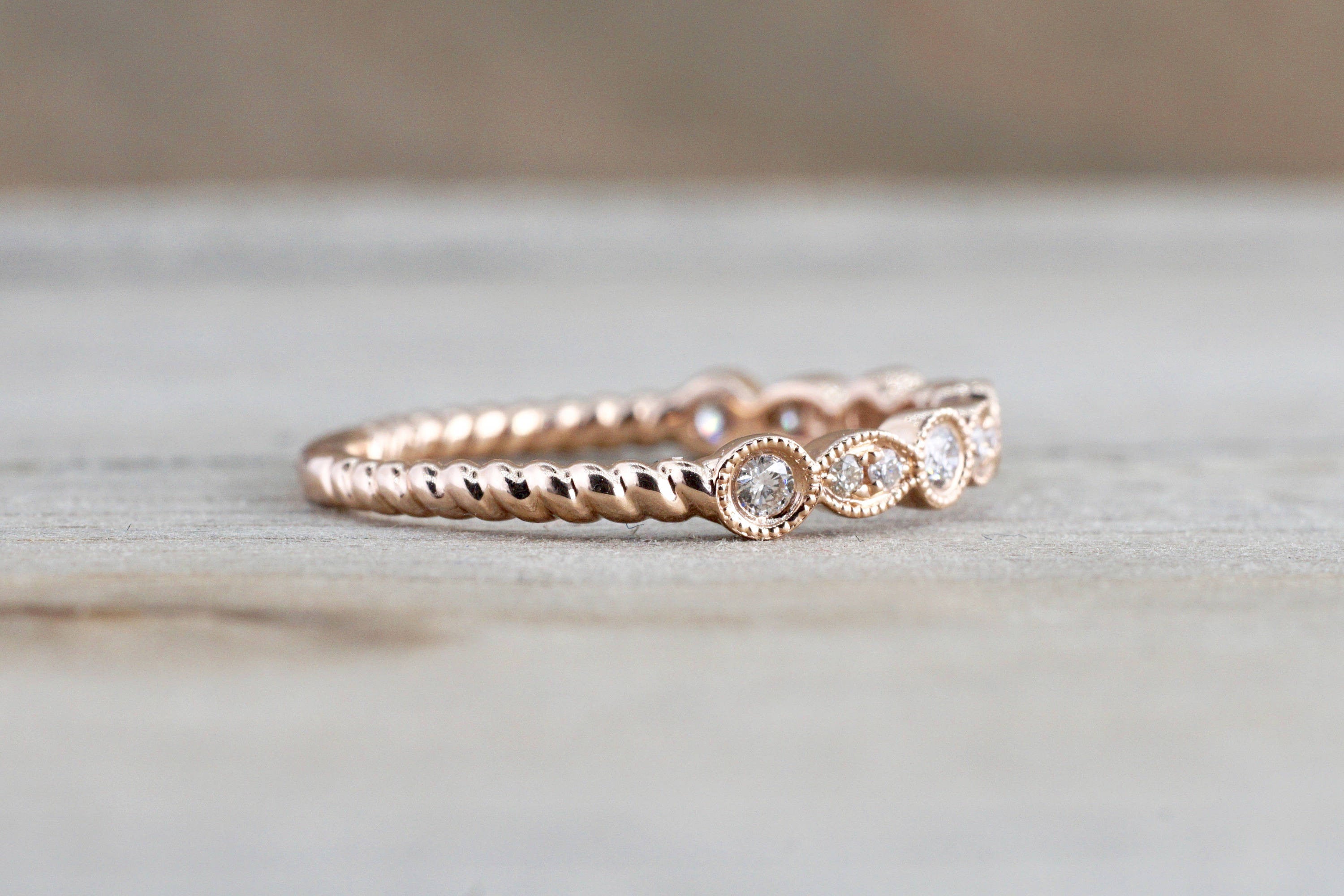 14k Rose Gold Round Cut Diamond Rope Twined Vine Pave Stackable Stacking Promise Ring Anniversary Band - Brilliant Facets