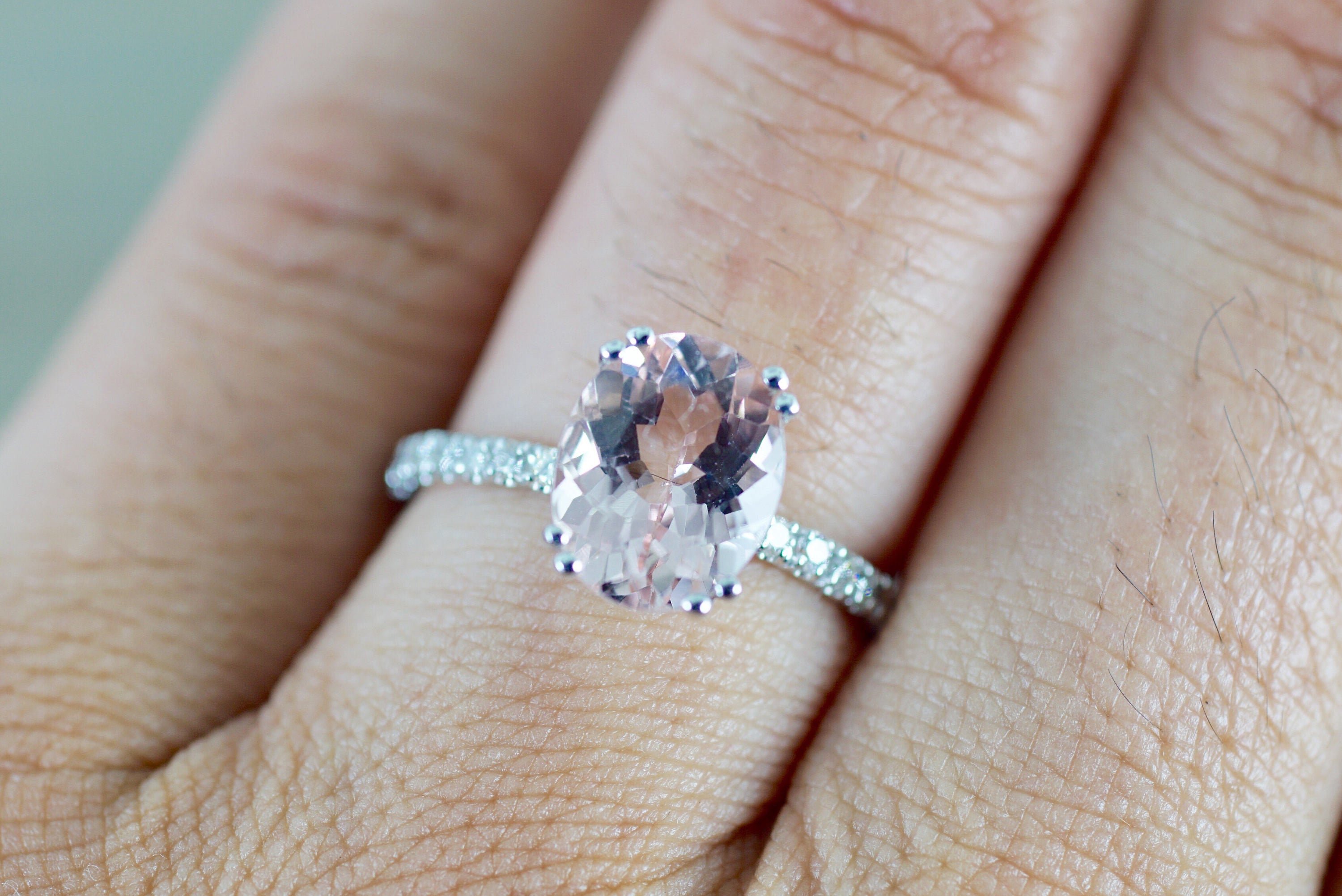 14k White Gold Diamond Band Oval Morganite Solitaire Double Prong