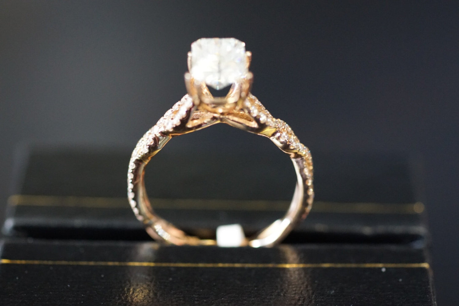 7x5mm Moissanite on 14k Rose Gold Diamond Infinity Twist Crossover Engagement Ring