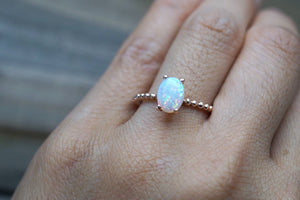 14k Rose Gold Fire Opal Oval Shape Engagement Promise Ring Anniversary Wedding Love Bead Rope Design - Brilliant Facets