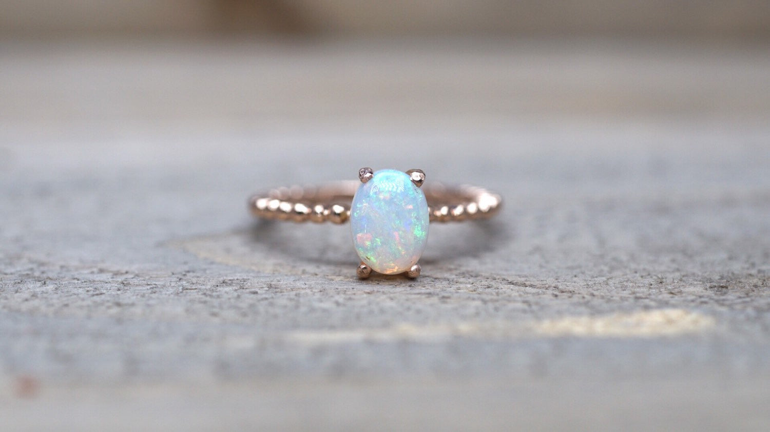 14k Rose Gold Fire Opal Oval Shape Engagement Promise Ring Anniversary Wedding Love Bead Rope Design