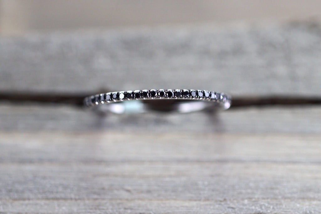 14k White Gold Black Diamond Eternity Band Ring Micro Pave Set Dainty Thin Stackable Stacking - Brilliant Facets