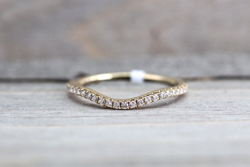 14K Yellow Gold Dainty Thin Stackable Curved V Diamond Engagement Ring Band Arch Shaped