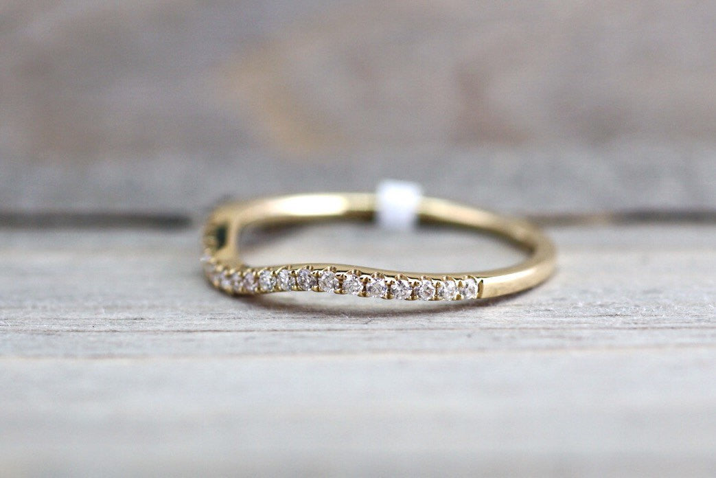 14K Yellow Gold Dainty Thin Stackable Curved V Diamond Engagement Ring Band Arch Shaped