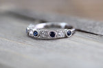 18K White Gold Vintage Classic Multi Side Face Diamond with Sapphire Ring