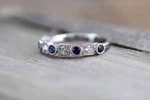 18K White Gold Vintage Classic Multi Side Face Diamond with Sapphire Ring