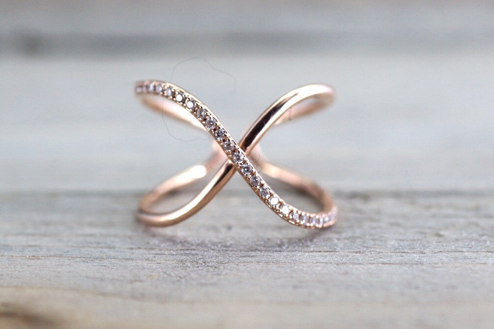 Rose Gold X Ring 14K Gold Diamond Criss Cross Pave Ring – Ferkos