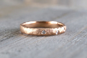 14k Solid Rose Gold Diamond Scattered Satin Finish Matte Brushed Hammered Ring Band Wedding - Brilliant Facets