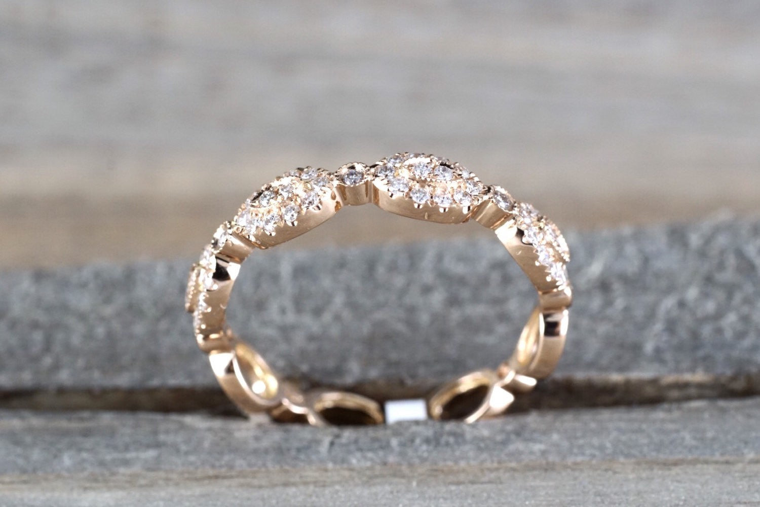 14k Rose Gold Diamond Vintage Oval Milgrain Bezel Full Eternity Band Ring Wedding Engagement - Brilliant Facets