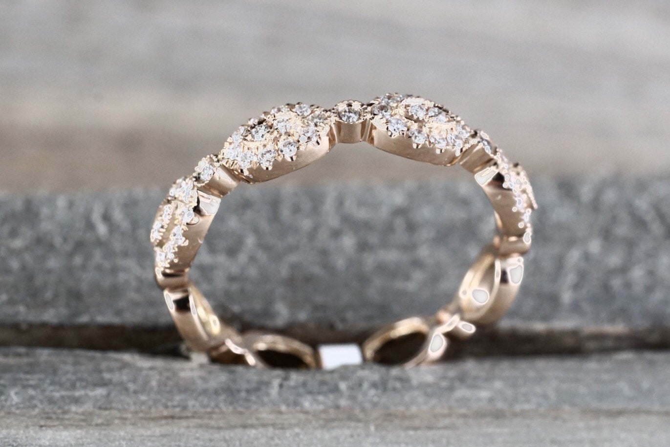 14k Rose Gold Diamond Vintage Oval Milgrain Bezel Full Eternity Band Ring Wedding Engagement - Brilliant Facets