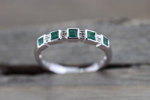 14k White Gold Square Princess Cut Emerald Gemstone Diamond Vintage Antique Ring