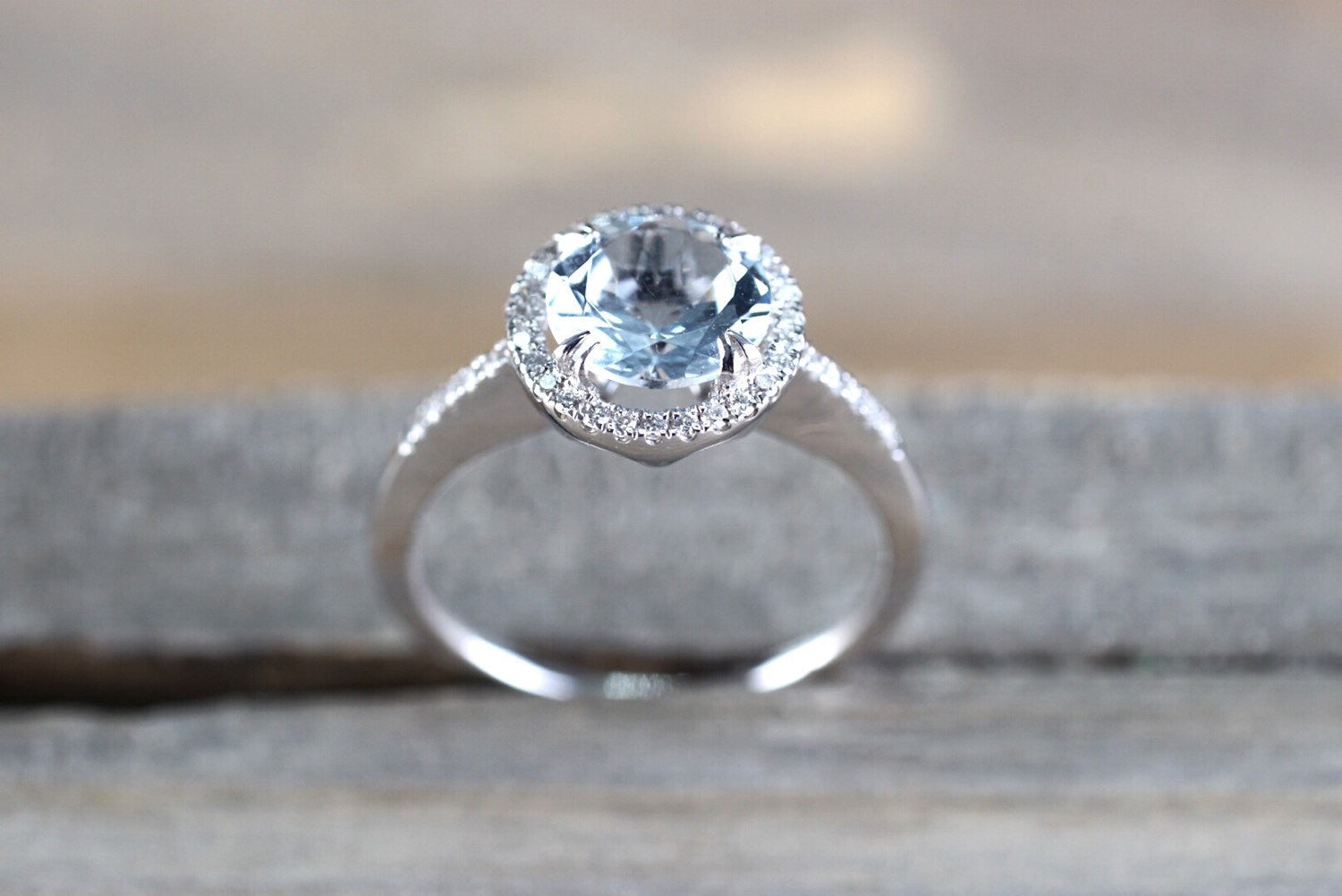 14k White Gold Thin Round Diamond Halo Blue Aquamarine Engagement Ring