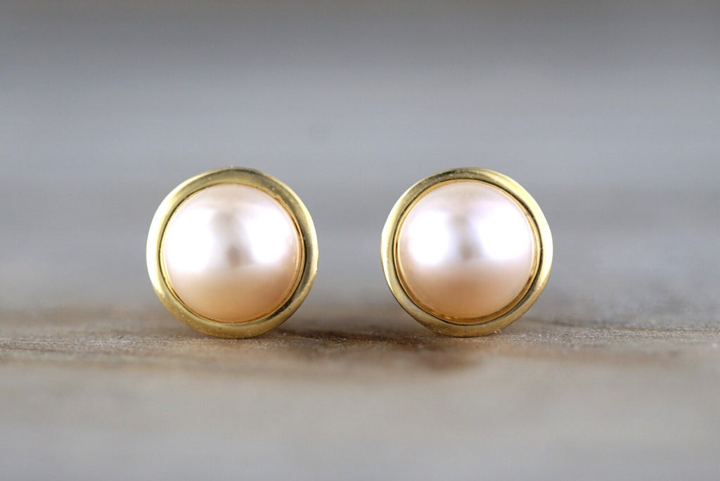 14k Yellow Classic Gold Cream Ivory Pearl Stud Post Push Back Earring Studs