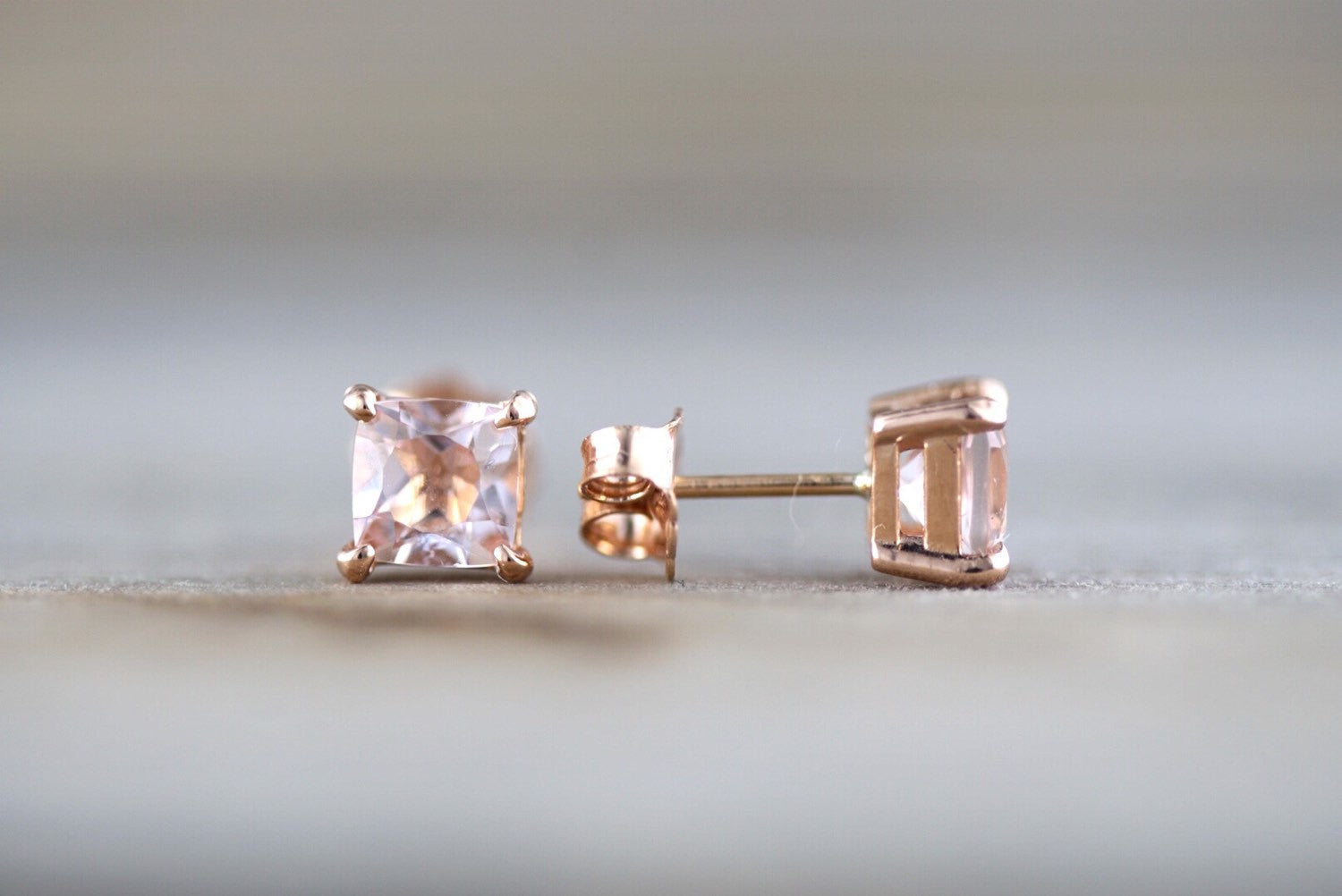 14k Solid Rose Gold Cushion Cut Pink Peach Morganite Earring Studs Post Push Back Square Post Stud - Brilliant Facets