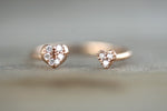 14k Solid Rose Gold Double Heart Love Diamond Ring Engagement Wedding Stack Band Hammered Midi Pave - Brilliant Facets