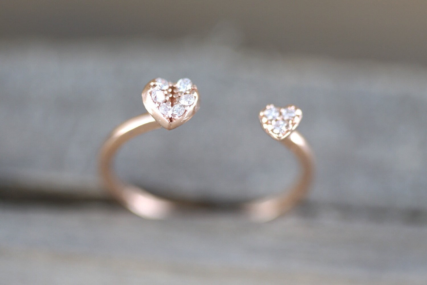 14k Solid Rose Gold Double Heart Love Diamond Ring Engagement Wedding Stack Band Hammered Midi Pave - Brilliant Facets